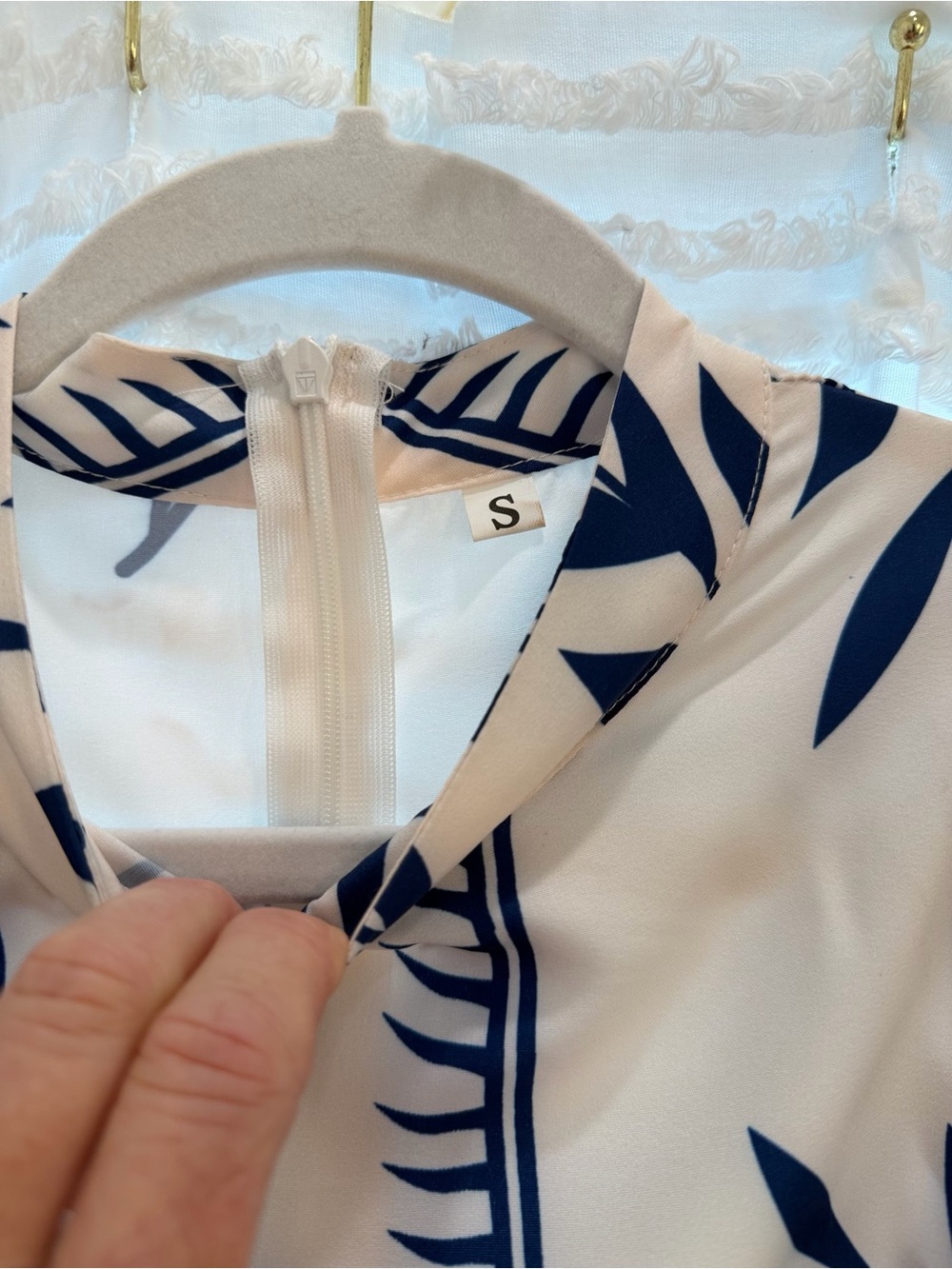 Cream Maxi Dress with Navy Leaf Print and Tie Waist - Picture 2 of 2